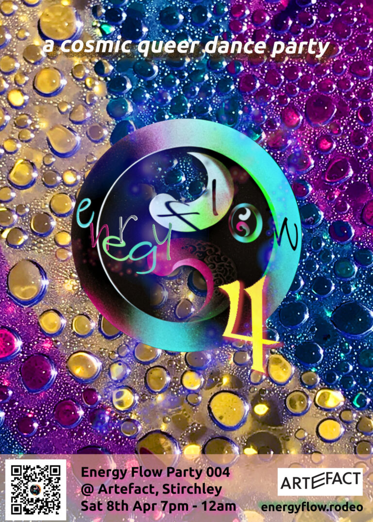 Energy Flow 004 poster. It has the energy flow logo and a stylised number 4 on a background of yellow red and green bubbles.